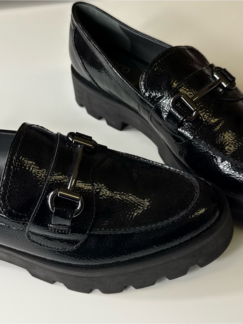 Franco Sarto Black Patent Loafers with Metal Bit